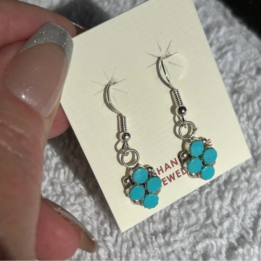 Zuni 925 Sterling Silver Turquoise Dangle Earrings - Picture 5 of 6